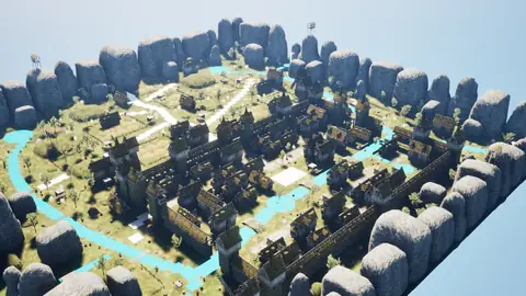 Claude Fable 5.1 (max) · Medieval Big Farm Town · view 1 of 4 · score 0.854