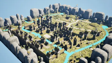 Claude Fable 5.1 (max) · Medieval Big Farm Town · view 4 of 4 · score 0.854